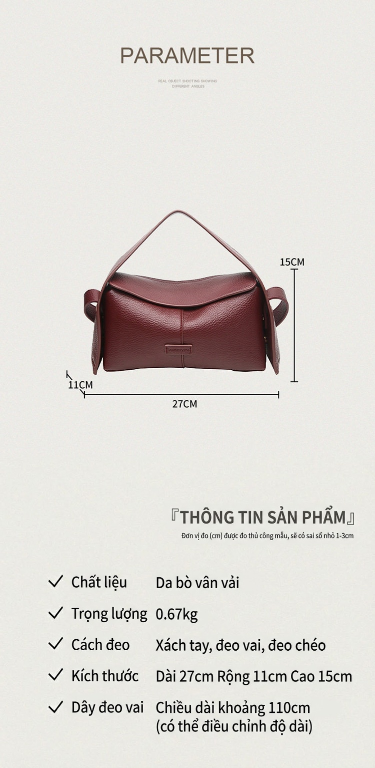 Túi Đeo Vai Nữ Da Mờ Sức Chứa Lớn Phong Cách Thanh Lịch Màu Đen, Đỏ Rượu Vang, Kem chi tiết 3