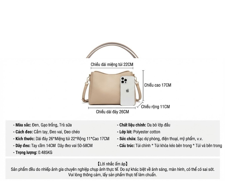 Túi Đeo Vai Nữ Da Mờ Thiết Kế Tối Giản Màu Be chi tiết 28