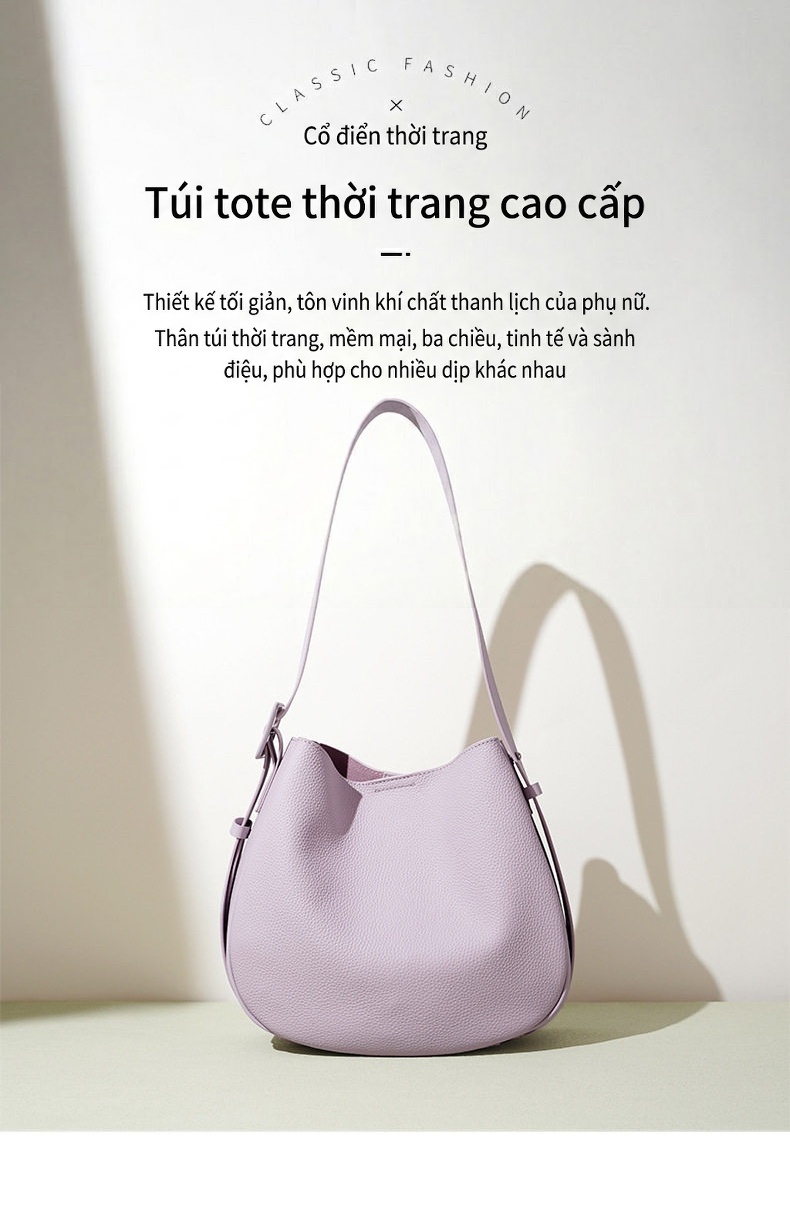 Túi Đeo Vai Nữ Da Thật Bản Lớn, Túi Tote Đeo Chéo Phong Cách Tối Giản Màu Trắng Kem, Tím Lavender, Nâu, Đen chi tiết 1