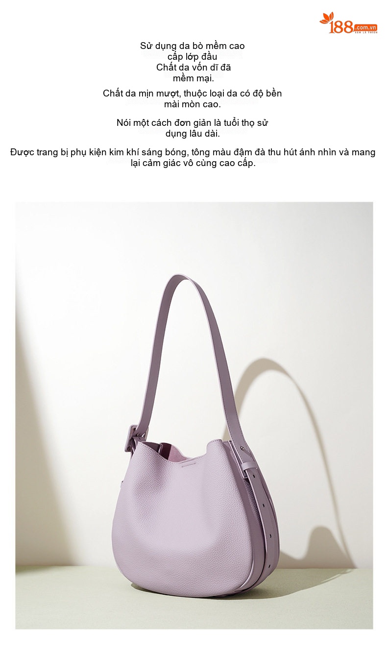 Túi Đeo Vai Nữ Da Thật Bản Lớn, Túi Tote Đeo Chéo Phong Cách Tối Giản Màu Trắng Kem, Tím Lavender, Nâu, Đen chi tiết 2