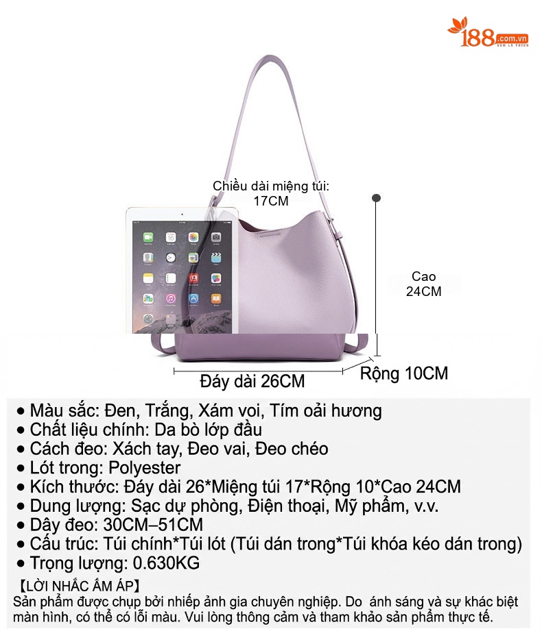 Túi Đeo Vai Nữ Da Thật Bản Lớn, Túi Tote Đeo Chéo Phong Cách Tối Giản Màu Trắng Kem, Tím Lavender, Nâu, Đen chi tiết 7