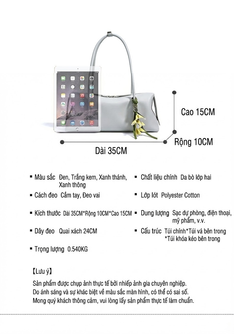 Túi Đeo Vai Nữ Da Thật Cảm Hứng Tối Giản Màu Trắng, Xám, Đen chi tiết 7
