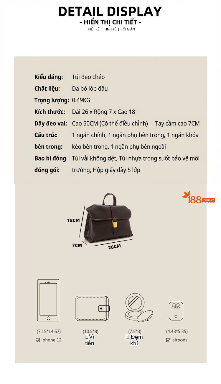 Túi Đeo Vai Nữ Da Thật Da Bò Lớp Đầu Tiên Kiểu Túi Hộp Công Sở Dung Tích Lớn Màu Nâu chi tiết 7