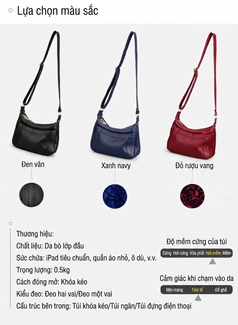 Túi Đeo Vai Nữ Da Thật Dáng Gối Màu Đen chi tiết 8