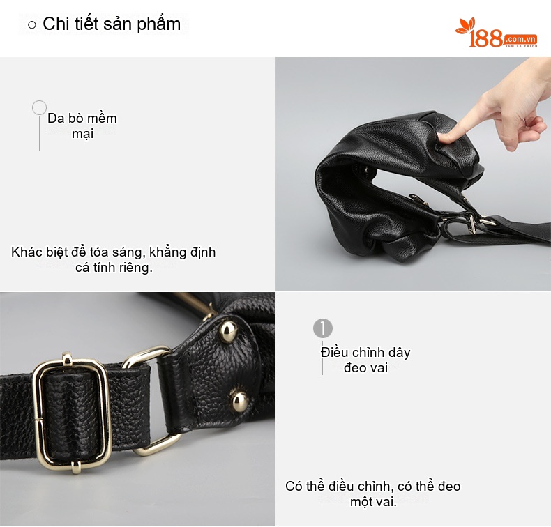 Túi Đeo Vai Nữ Da Thật Dáng Gối Màu Đen chi tiết 10