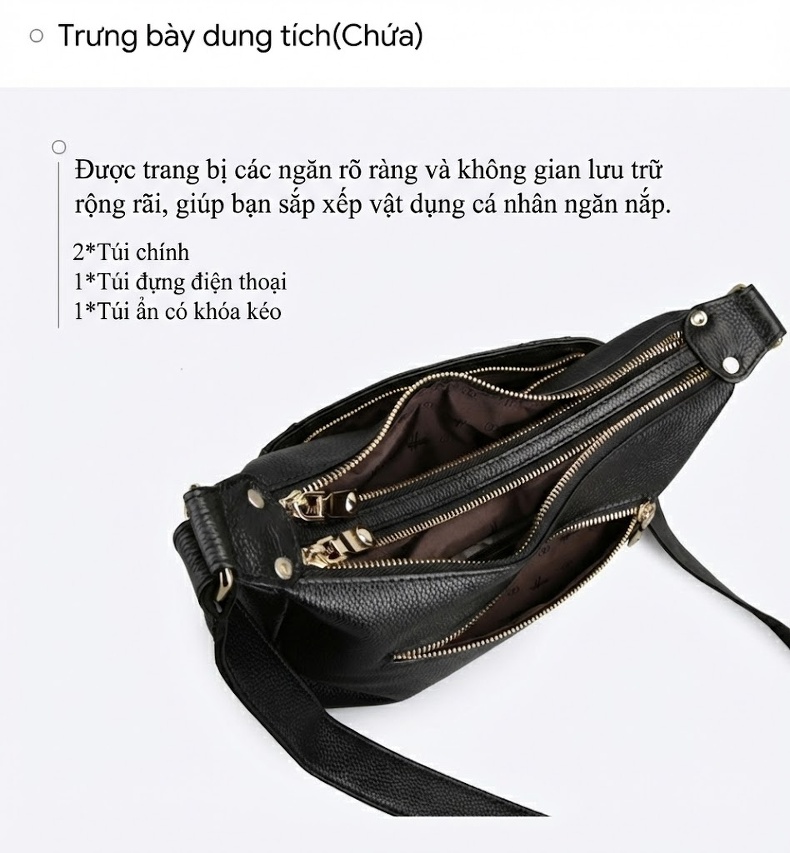 Túi Đeo Vai Nữ Da Thật Dáng Gối Màu Đen chi tiết 12