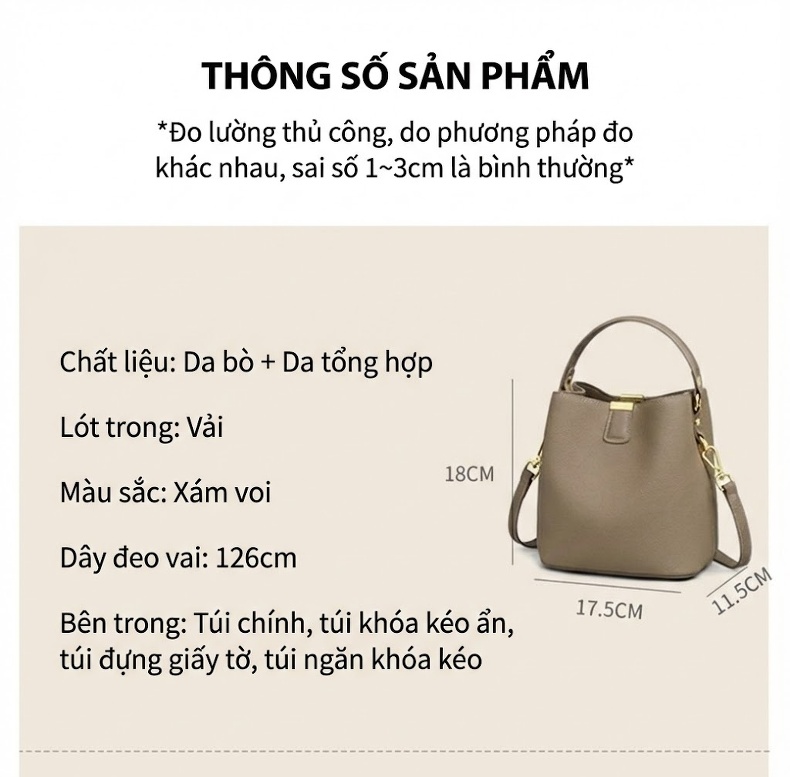 Túi Đeo Vai Nữ Da Thật Dáng Thùng Lớn Đựng Vừa A4 Màu Nâu chi tiết 7