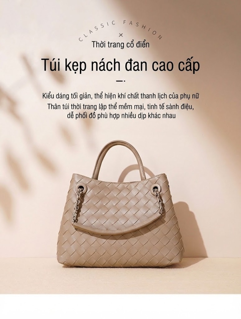 Túi Đeo Vai Nữ Da Thật Dáng Tote Lớn Đan Dây Xích Màu Trắng, Đen, Be, Xanh... chi tiết 1