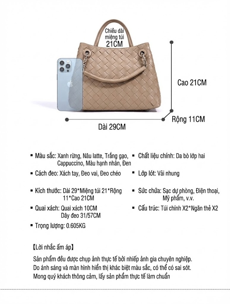 Túi Đeo Vai Nữ Da Thật Dáng Tote Lớn Đan Dây Xích Màu Trắng, Đen, Be, Xanh... chi tiết 8
