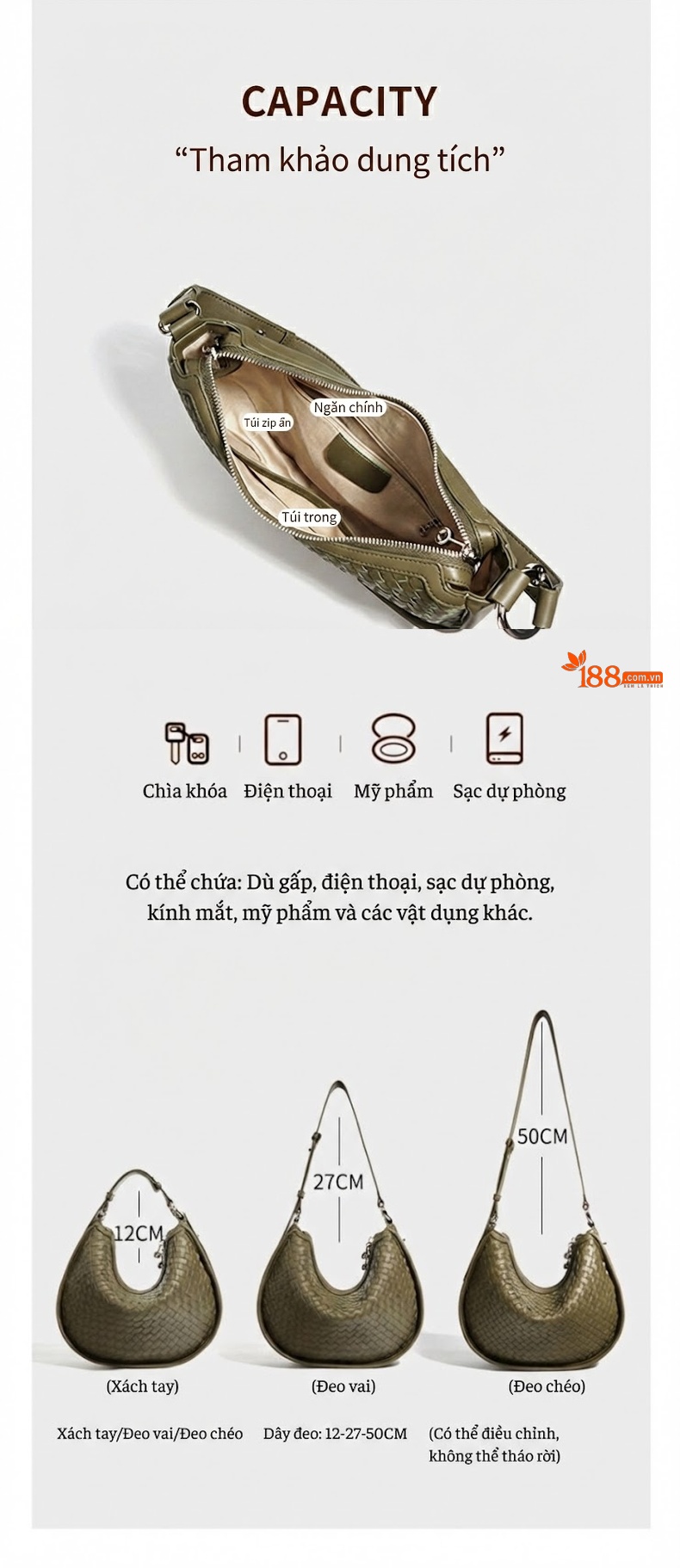 Túi Đeo Vai Nữ Da Thật Dáng Trăng Lưỡi Liềm Đựng Vừa A4 Màu Kem, Xanh Olive, Nâu chi tiết 17