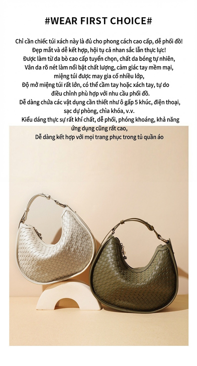 Túi Đeo Vai Nữ Da Thật Dáng Trăng Lưỡi Liềm Đựng Vừa A4 Màu Kem, Xanh Olive, Nâu chi tiết 18