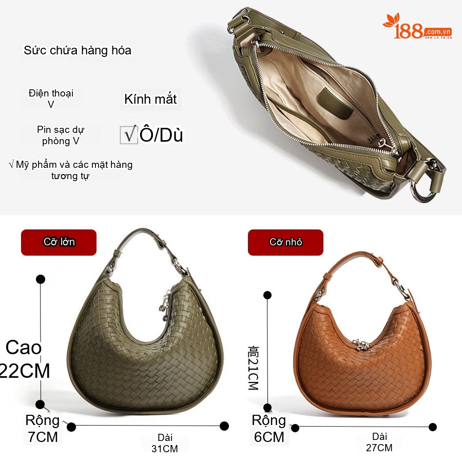 Túi Đeo Vai Nữ Da Thật Dáng Trăng Lưỡi Liềm Đựng Vừa A4 Màu Kem, Xanh Olive, Nâu