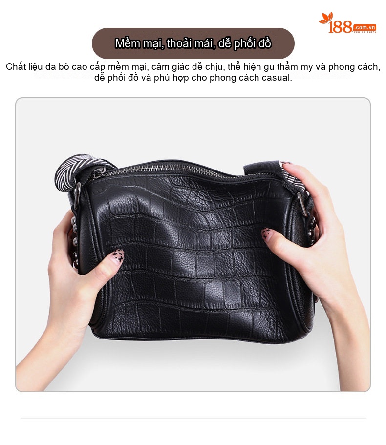 Túi Đeo Vai Nữ Da Thật Dáng Trống Dây Bản Rộng Thời Trang Màu Đen chi tiết 3