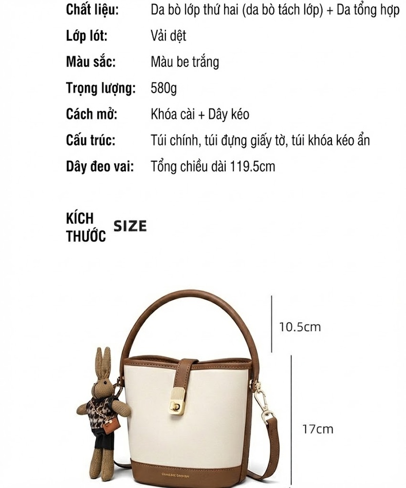Túi Đeo Vai Nữ Da Thật Dáng Xô/Bucket Kèm Móc Khóa Màu Trắng Kem, Nâu chi tiết 3