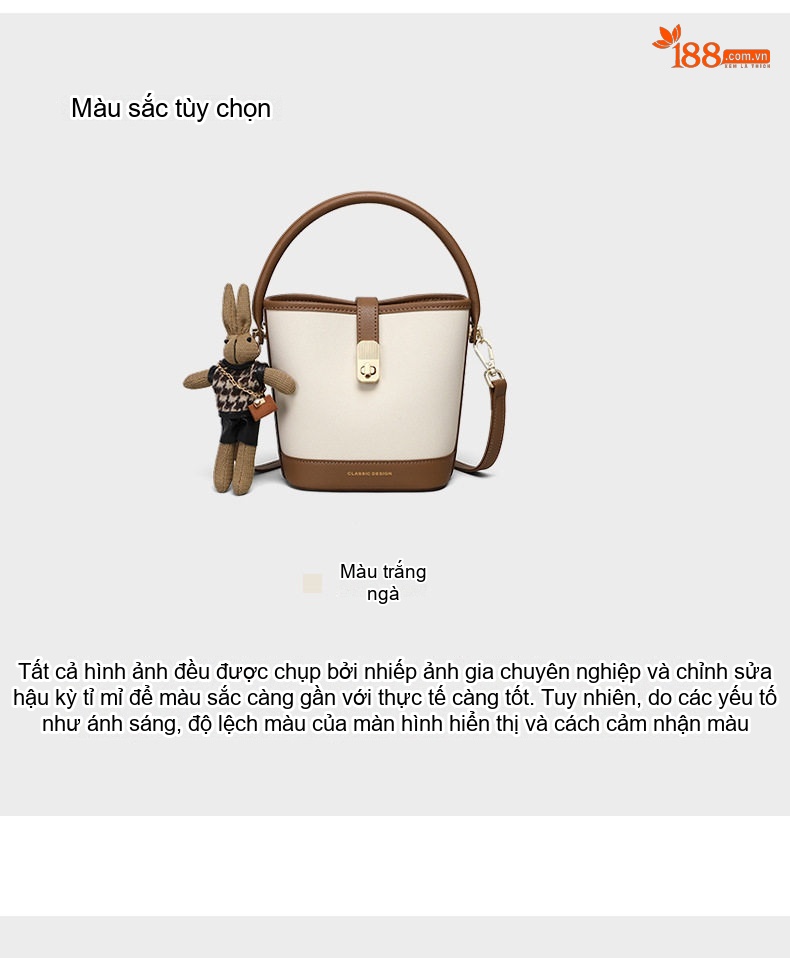 Túi Đeo Vai Nữ Da Thật Dáng Xô/Bucket Kèm Móc Khóa Màu Trắng Kem, Nâu chi tiết 5
