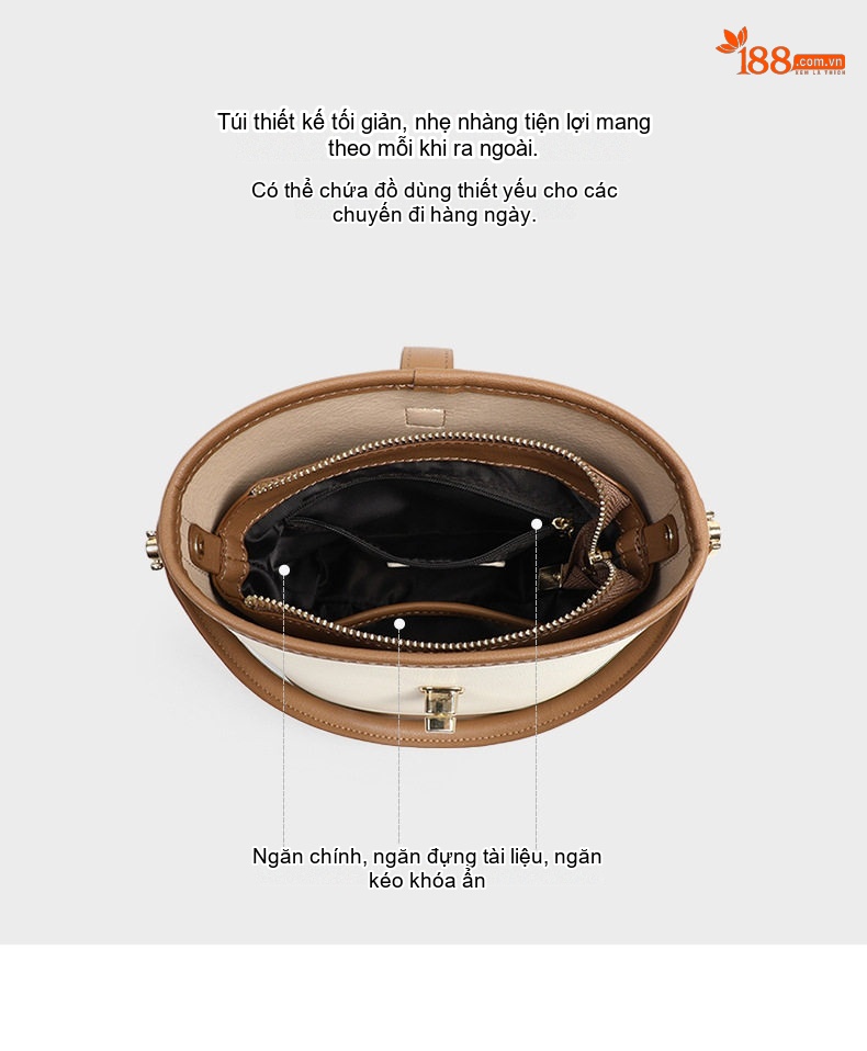 Túi Đeo Vai Nữ Da Thật Dáng Xô/Bucket Kèm Móc Khóa Màu Trắng Kem, Nâu chi tiết 6