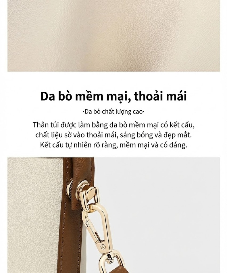 Túi Đeo Vai Nữ Da Thật Dáng Xô/Bucket Kèm Móc Khóa Màu Trắng Kem, Nâu chi tiết 10
