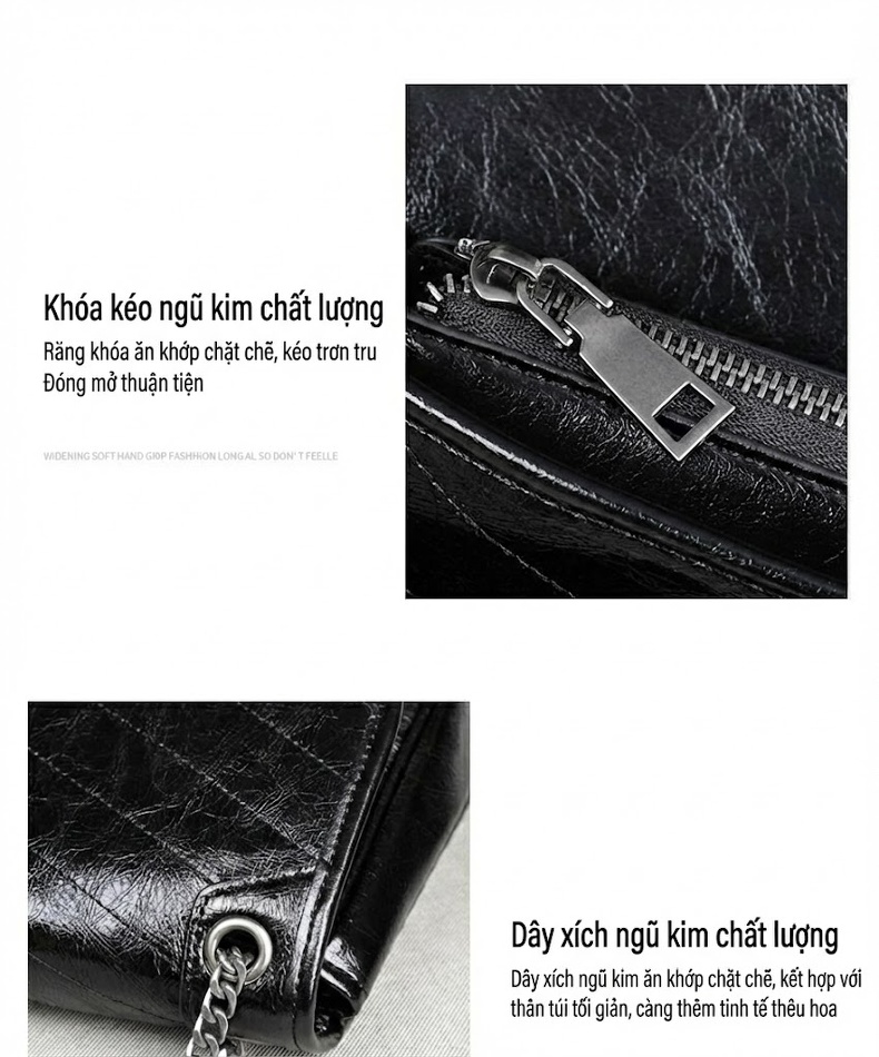 Túi Đeo Vai Nữ Da Thật Dây Xích Đeo Chéo Đựng Đồ Cỡ Lớn Màu Đen chi tiết 4