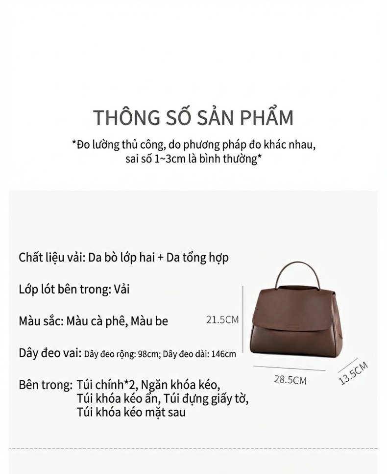 Túi Đeo Vai Nữ Da Thật Đeo Chéo Đựng Vừa A4 Phong Cách Công Sở Màu Nâu chi tiết 11