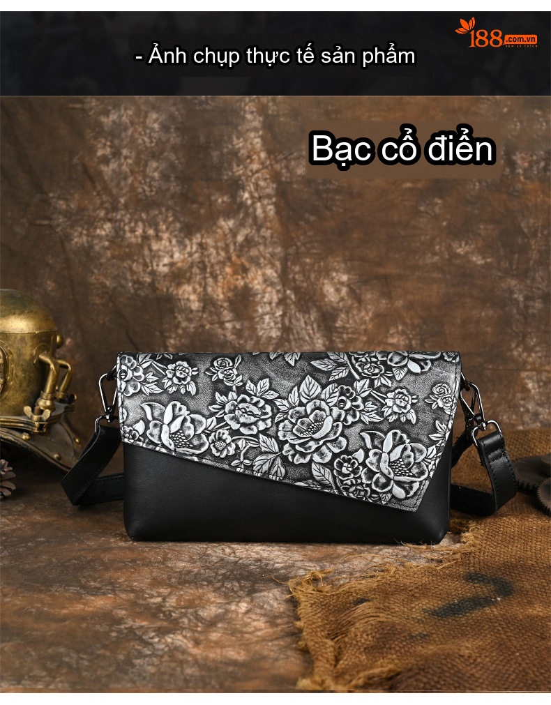 Túi Đeo Vai Nữ Da Thật Đựng Vừa Ipad Họa Tiết Hoa Vintage Màu Đen, Xám chi tiết 4
