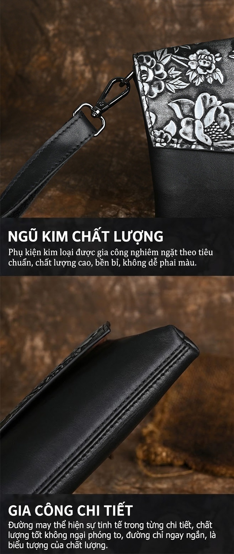 Túi Đeo Vai Nữ Da Thật Đựng Vừa Ipad Họa Tiết Hoa Vintage Màu Đen, Xám chi tiết 9