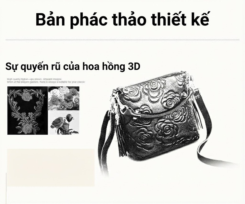 Túi Đeo Vai Nữ Da Thật Họa Tiết Hoa Văn Phong Cách Cổ Điển Màu Đen, Đỏ, Xanh Navy chi tiết 2