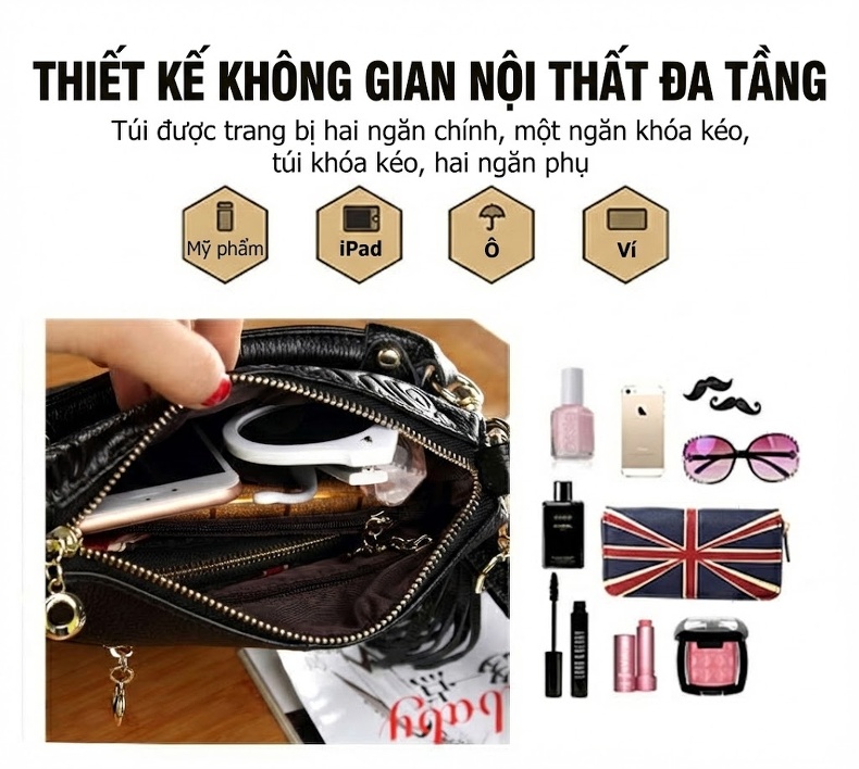Túi Đeo Vai Nữ Da Thật Họa Tiết Hoa Văn Phong Cách Cổ Điển Màu Đen, Đỏ, Xanh Navy chi tiết 6