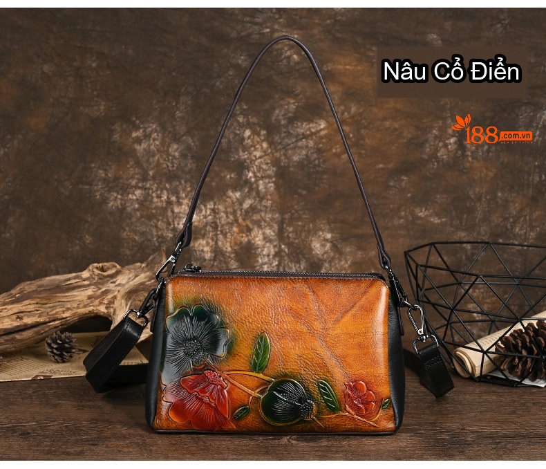 Túi Đeo Vai Nữ Da Thật In Hoa Đeo Chéo Dáng Retro Màu Xám, Cam chi tiết 9