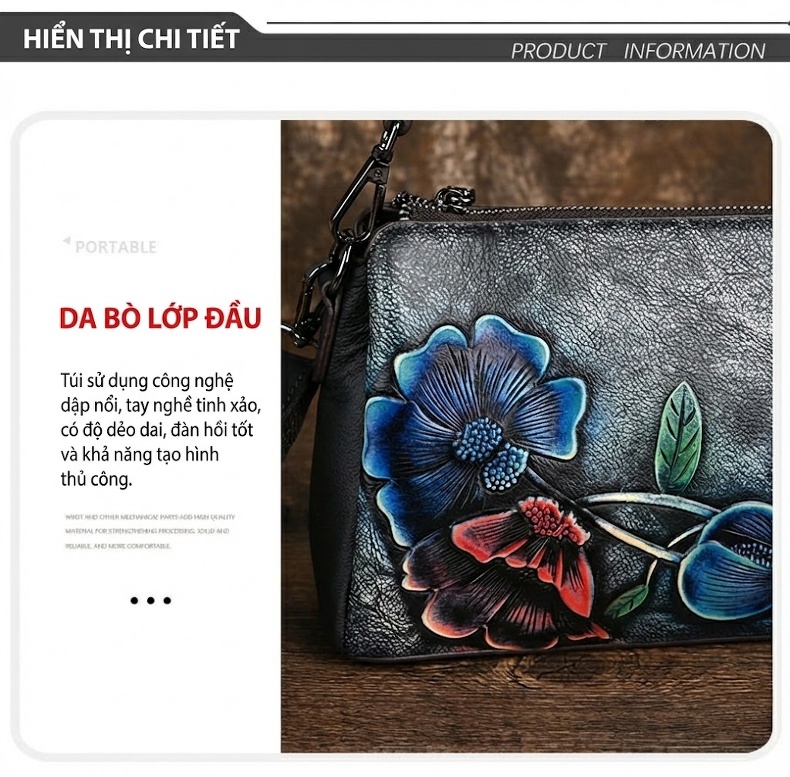 Túi Đeo Vai Nữ Da Thật In Hoa Đeo Chéo Dáng Retro Màu Xám, Cam chi tiết 15
