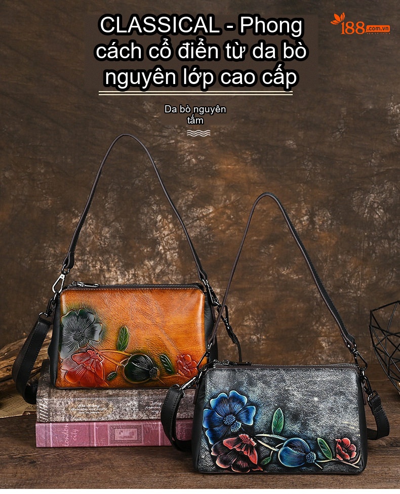 Túi Đeo Vai Nữ Da Thật In Hoa Đeo Chéo Dáng Retro Màu Xám, Cam chi tiết 1