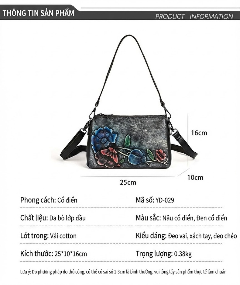 Túi Đeo Vai Nữ Da Thật In Hoa Đeo Chéo Dáng Retro Màu Xám, Cam chi tiết 3
