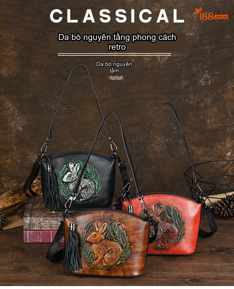 Túi Đeo Vai Nữ Da Thật Khắc Hình Thỏ Phong Cách Retro Màu Đen, Nâu, Đỏ chi tiết 1