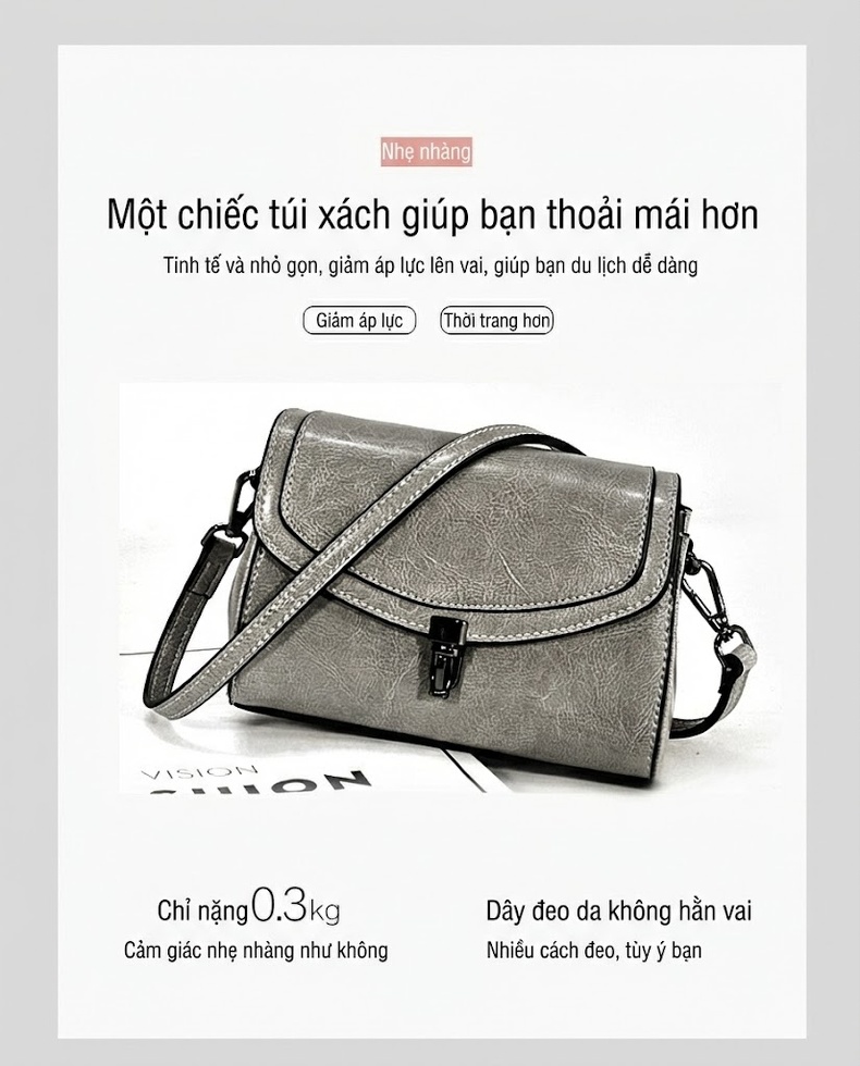 Túi Đeo Vai Nữ Da Thật Khóa Gài Phong Cách Hàn Quốc Màu Xám, Tím, Nâu chi tiết 8