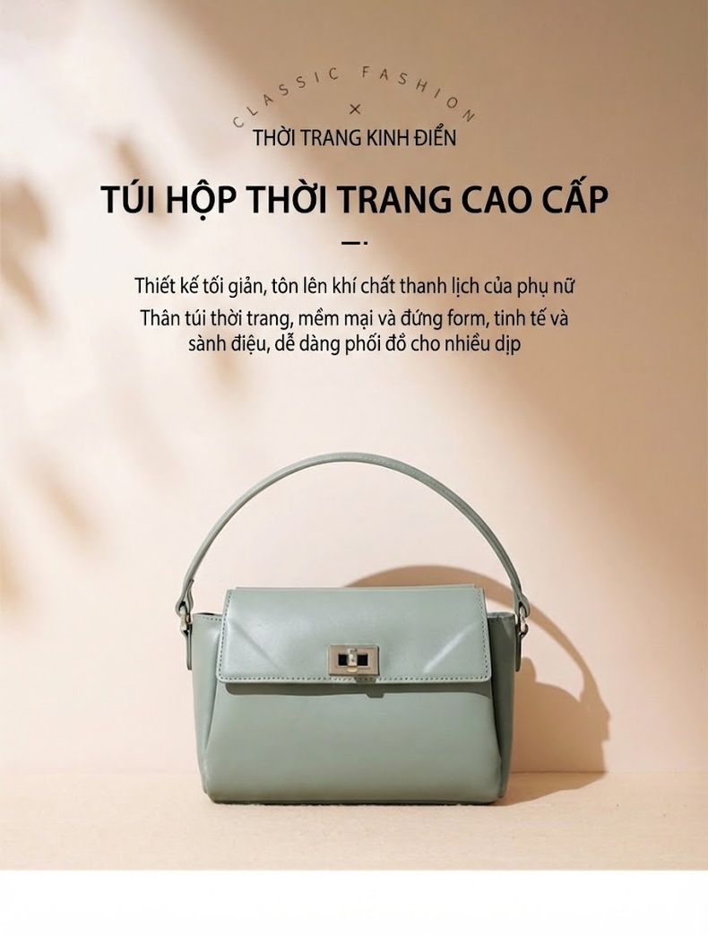 Túi Đeo Vai Nữ Da Thật Khóa Kim Loại Phong Cách Tối Giản Màu Xanh Mint, Đen chi tiết 2
