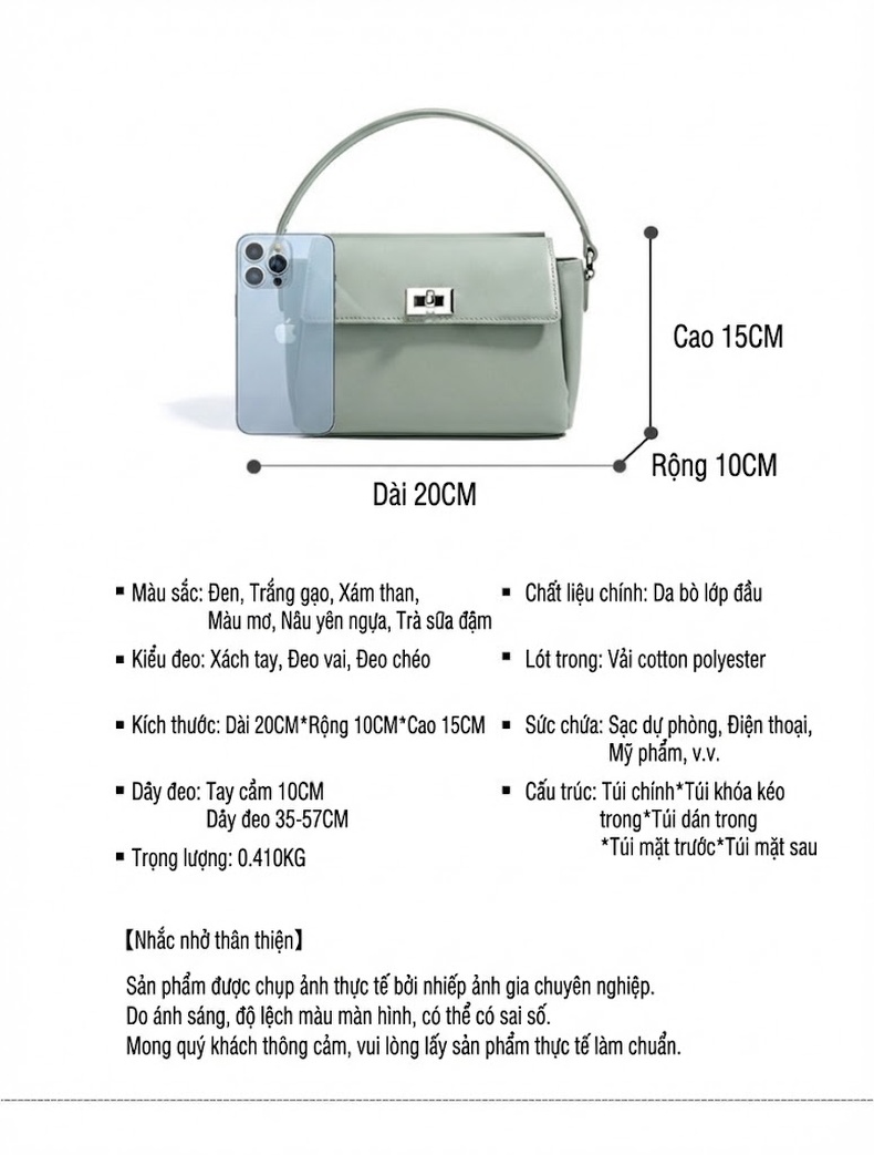 Túi Đeo Vai Nữ Da Thật Khóa Kim Loại Phong Cách Tối Giản Màu Xanh Mint, Đen chi tiết 9