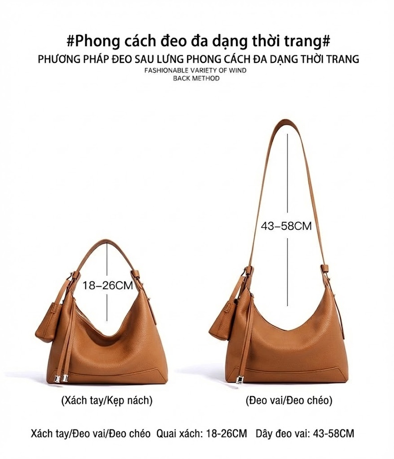Túi Đeo Vai Nữ Da Thật Kiểu Bánh Mì Đeo Nách, Đeo Chéo Màu Trắng Kem, Nâu, Xanh Dương chi tiết 11