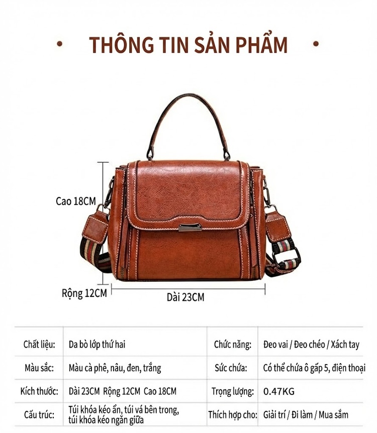 Túi Đeo Vai Nữ Da Thật Kiểu Dáng Retro Màu Nâu, Đen chi tiết 9