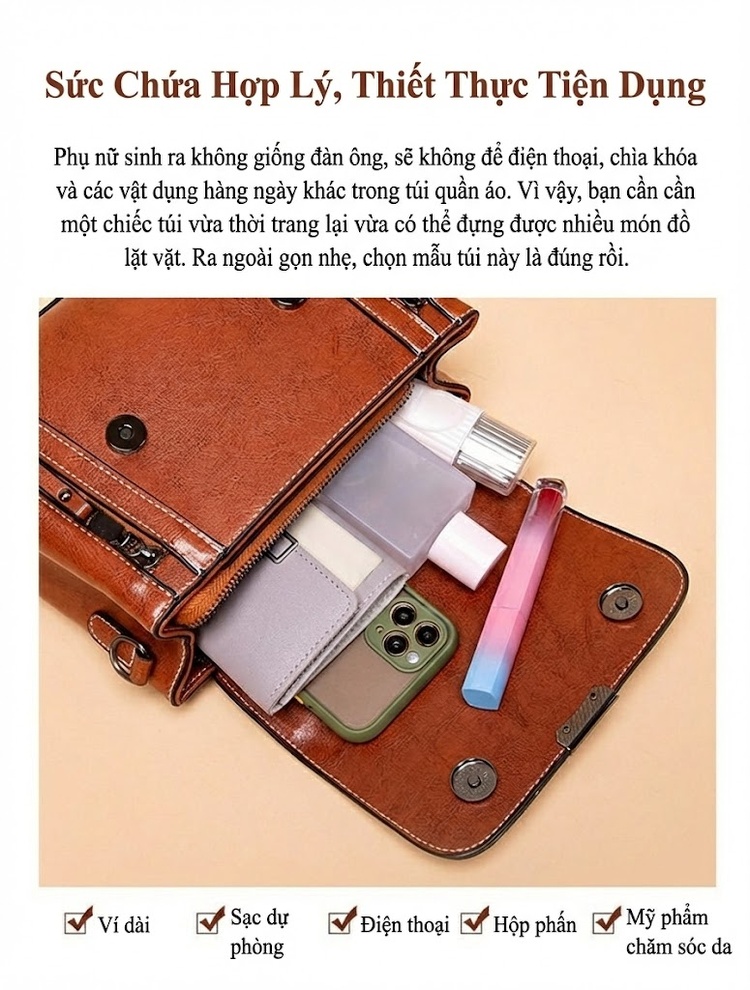 Túi Đeo Vai Nữ Da Thật Kiểu Dáng Retro Màu Nâu, Đen chi tiết 8