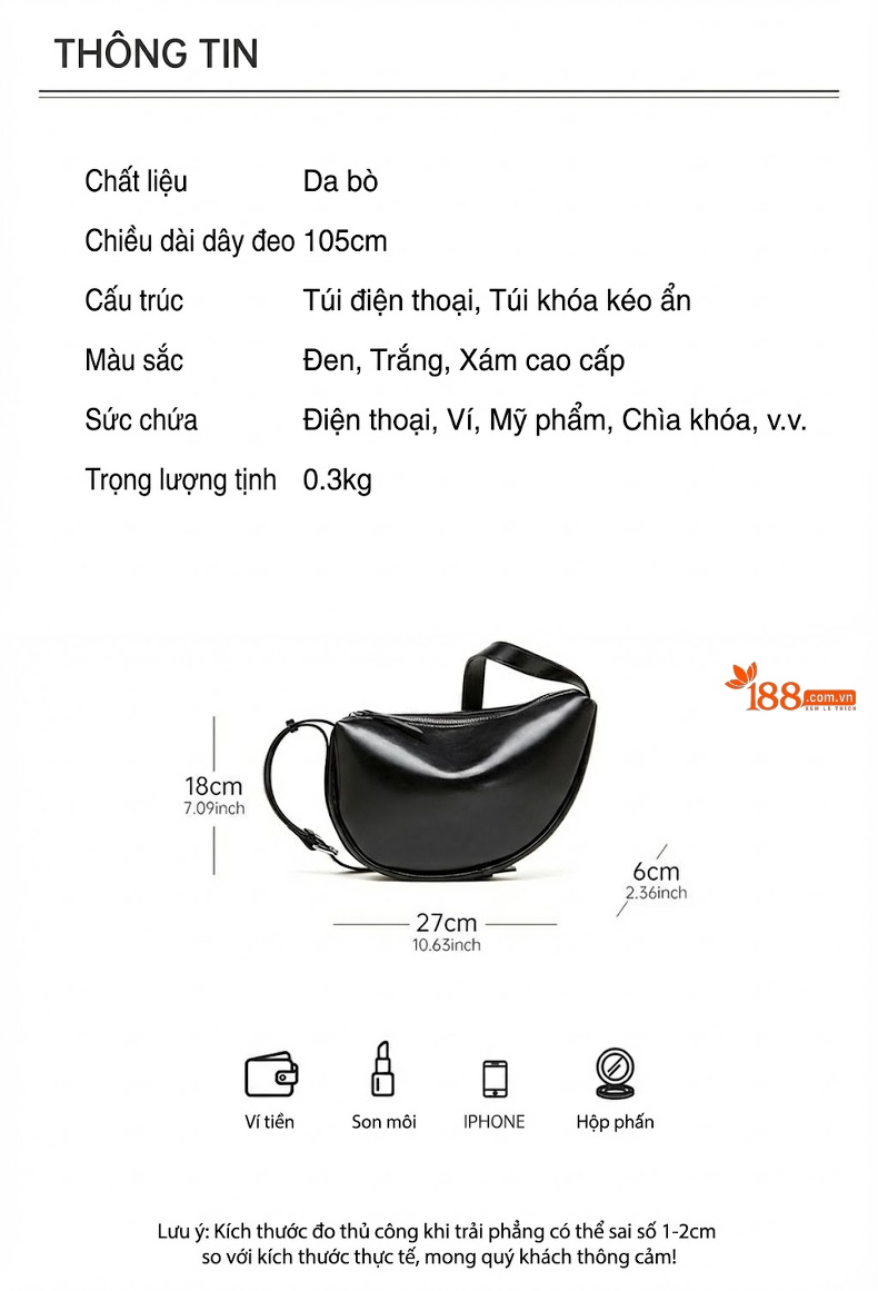 Túi Đeo Vai Nữ Da Thật Kiểu Túi Bánh Bao Trăng Lưỡi Liềm Phong Cách Tối Giản Đựng Được Nhiều Đồ Màu Đen, Trắng chi tiết 4