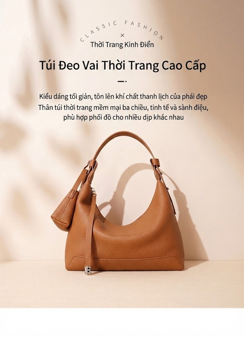Túi Đeo Vai Nữ Da Thật Kiểu Túi Kẹp Nách Thiết Kế Nhỏ Gọn Màu Hồng, Trắng, Nâu, Xanh Dương chi tiết 2