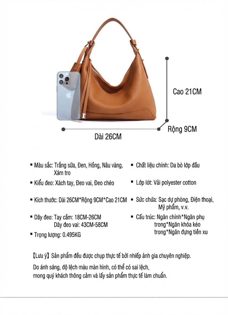 Túi Đeo Vai Nữ Da Thật Kiểu Túi Kẹp Nách Thiết Kế Nhỏ Gọn Màu Hồng, Trắng, Nâu, Xanh Dương chi tiết 8