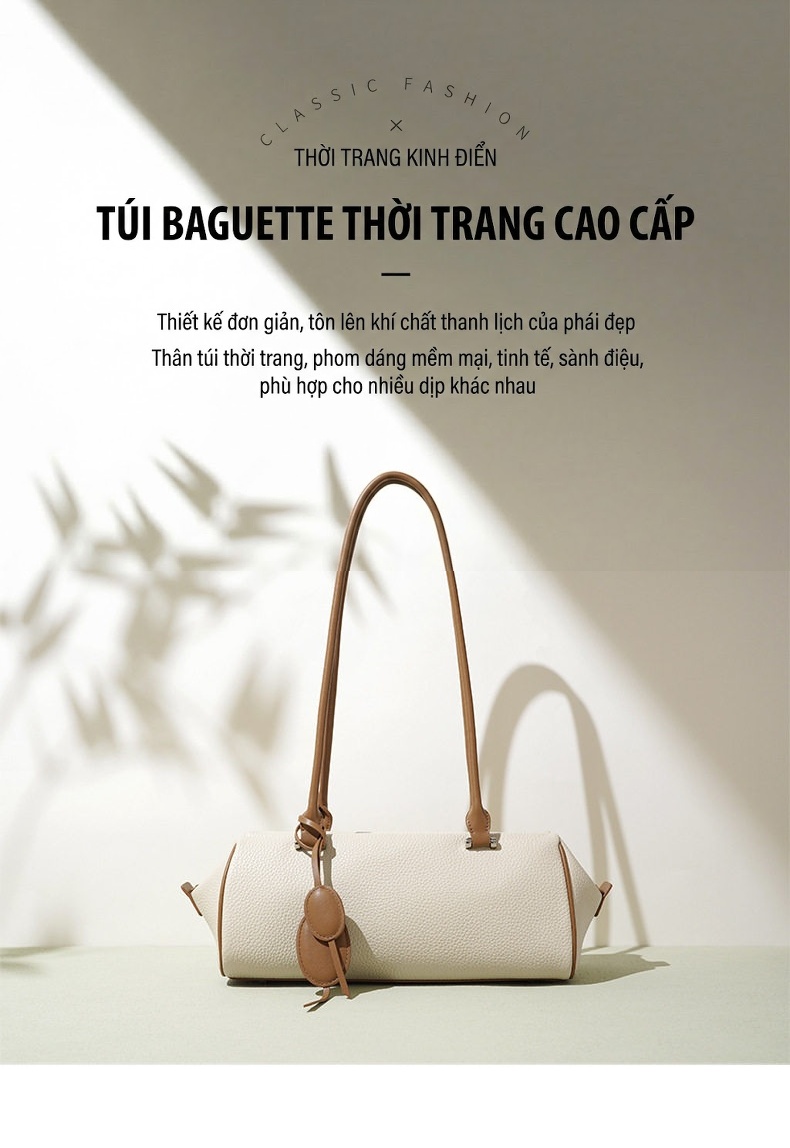 Túi Đeo Vai Nữ Da Thật Mini Kiểu Pháp, Túi Baguette Màu Trắng Kem, Xám chi tiết 1