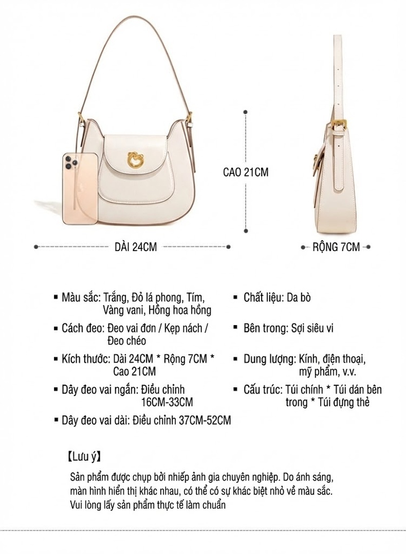 Túi Đeo Vai Nữ Da Thật Mini Kiểu Túi Kẹp Nách Thời Trang Màu Trắng, Nâu chi tiết 20