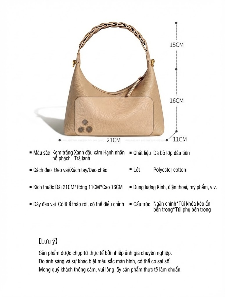 Túi Đeo Vai Nữ Da Thật Mini Kiểu Túi Kẹp Nách Thời Trang Màu Trắng, Nâu chi tiết 17