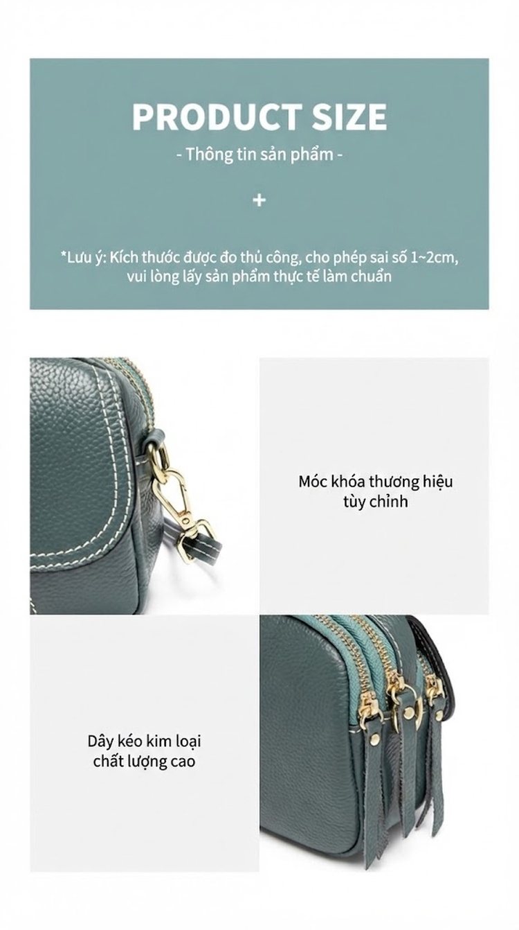 Túi Đeo Vai Nữ Da Thật Mini Phom Tròn Màu Xanh Lá, Nâu, Đỏ chi tiết 8