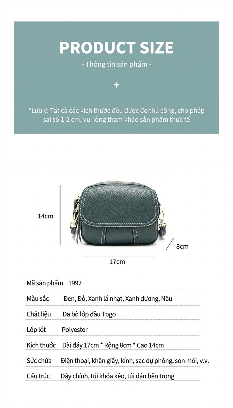 Túi Đeo Vai Nữ Da Thật Mini Phom Tròn Màu Xanh Lá, Nâu, Đỏ chi tiết 7