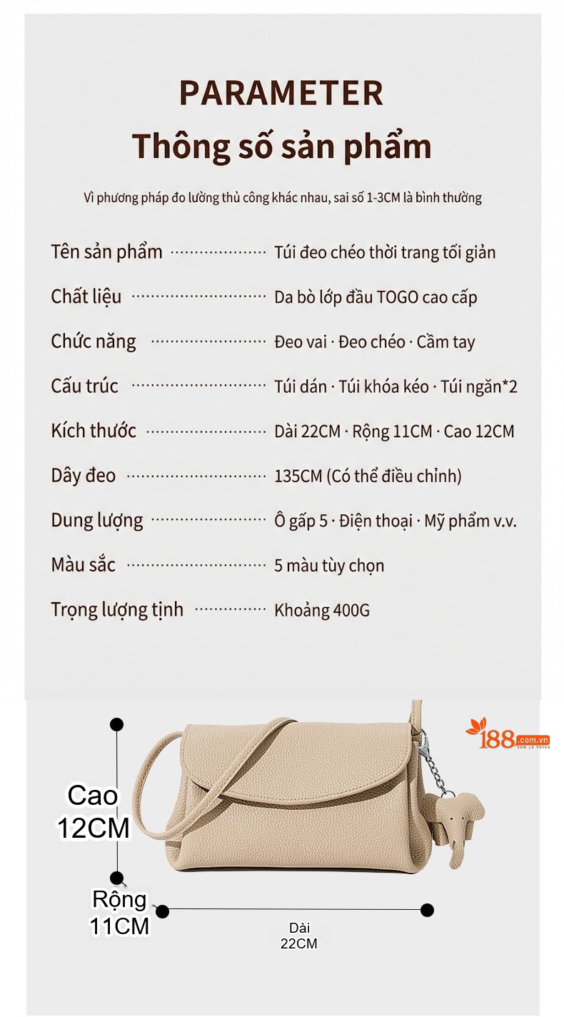 Túi Đeo Vai Nữ Da Thật Mini Thiết Kế Thanh Lịch Màu Be, Đen chi tiết 3