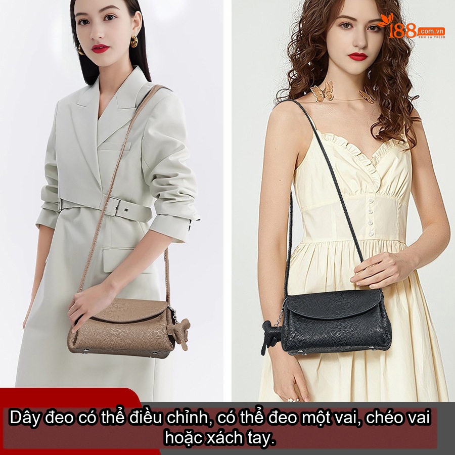 Túi Đeo Vai Nữ Da Thật Mini Thiết Kế Thanh Lịch Màu Be, Đen