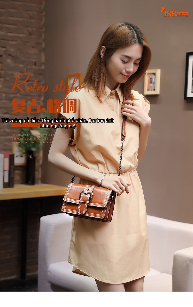 Túi Đeo Vai Nữ Da Thật Phom Vuông Nhỏ Màu Nâu, Đen chi tiết 1