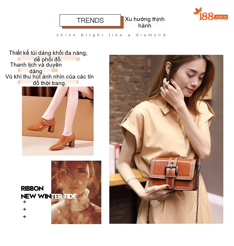 Túi Đeo Vai Nữ Da Thật Phom Vuông Nhỏ Màu Nâu, Đen chi tiết 3